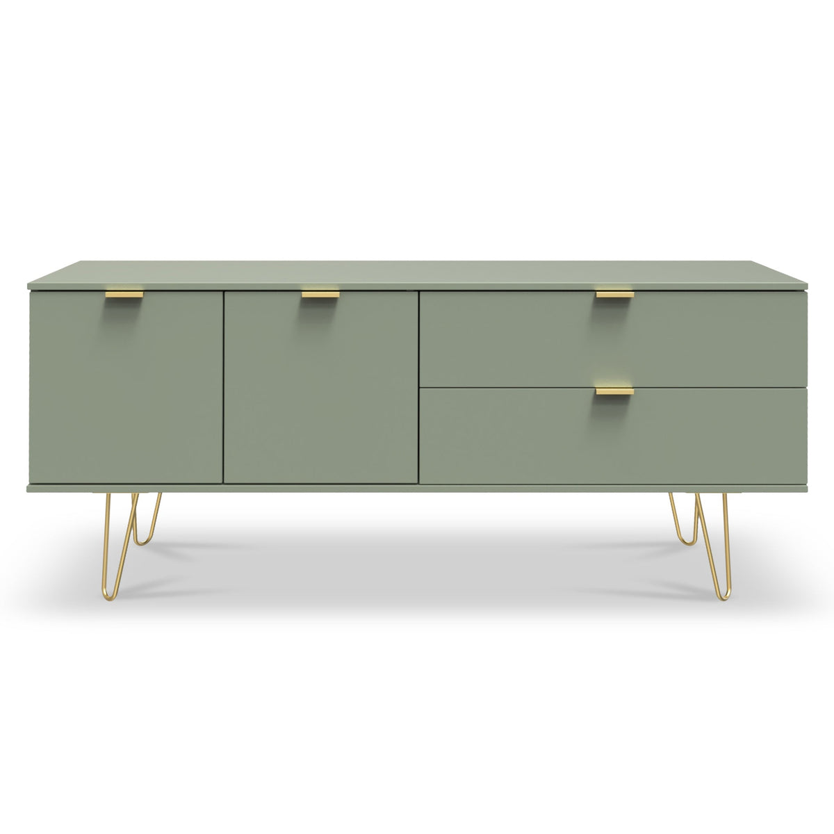 Moreno Olive Green 2 Door 2 Drawer Sideboard Cabinet with gold hairpin legs from Roseland Furniture