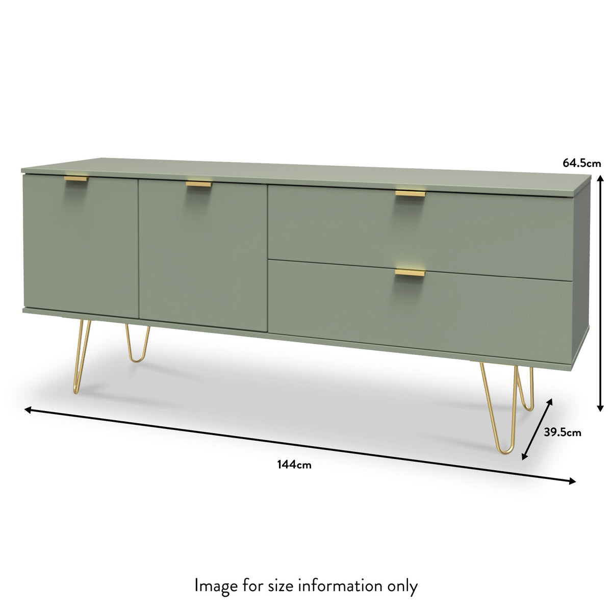 Moreno Olive Green 2 Door 2 Drawer Sideboard Cabinet with gold hairpin legs dimensions guide