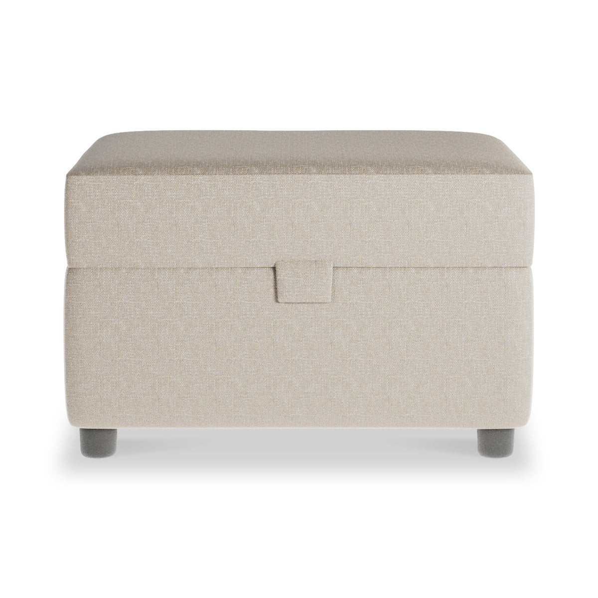 A beige fabric-covered ottoman with a lift-up lid, standing on short, round, black legs against a white background.