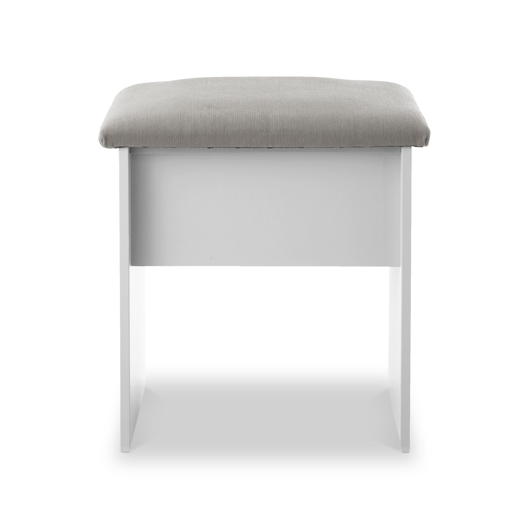 A simple gray upholstered bench with a clean white metal frame, displayed against a white background.