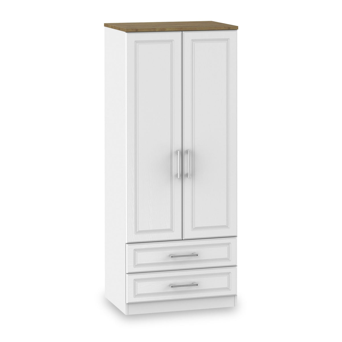 A freestanding white wardrobe with a wooden top, featuring two doors above two drawers, set against an isolated background.