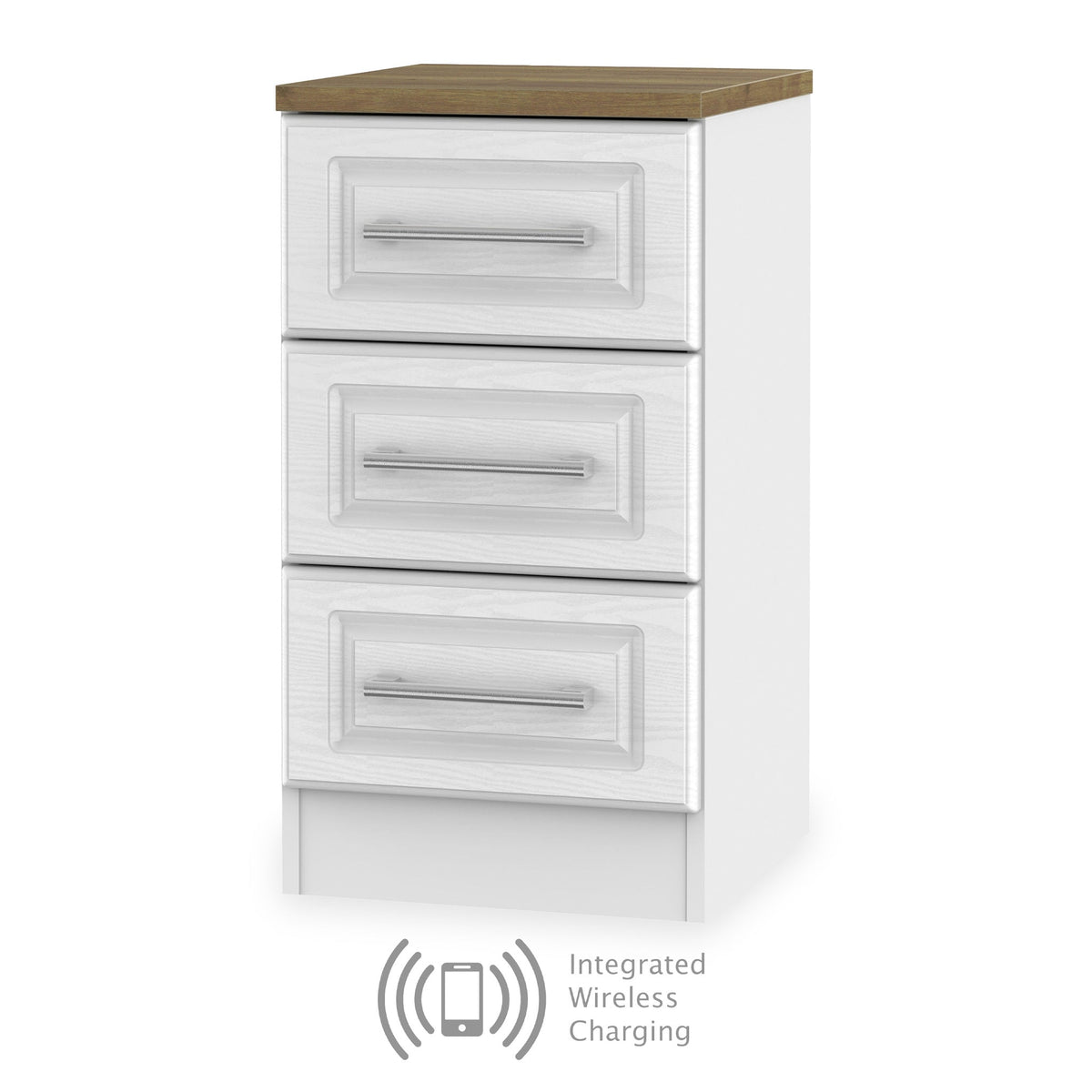 Talland White Wireless Charging 3 Drawer Bedside from Roseland