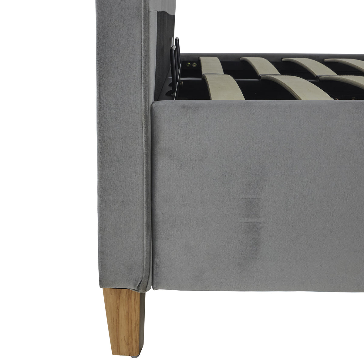Kia Grey Velvet Ottoman Storage Bed Frame
