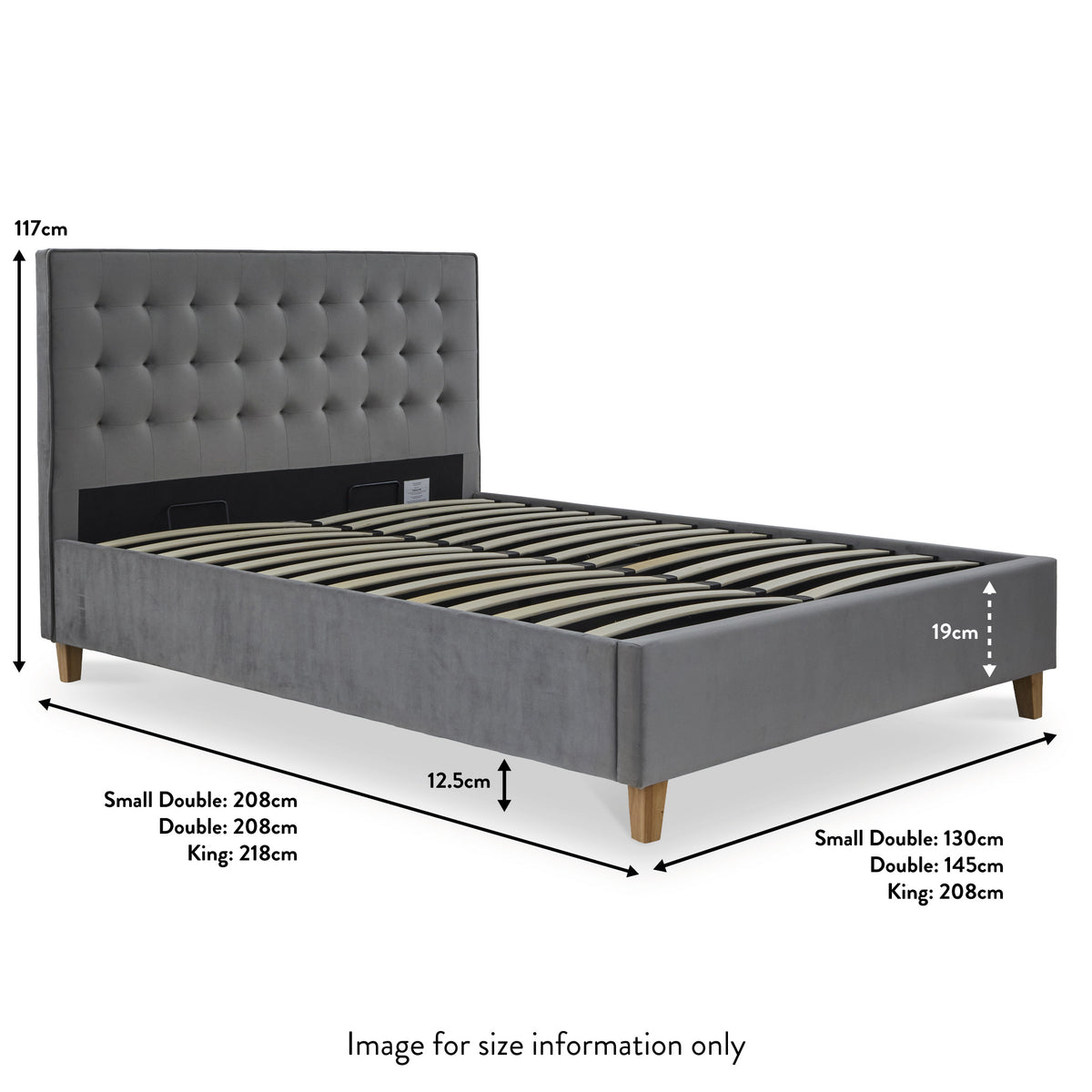 Kia Grey Velvet Ottoman Storage Bed Frame dimensions