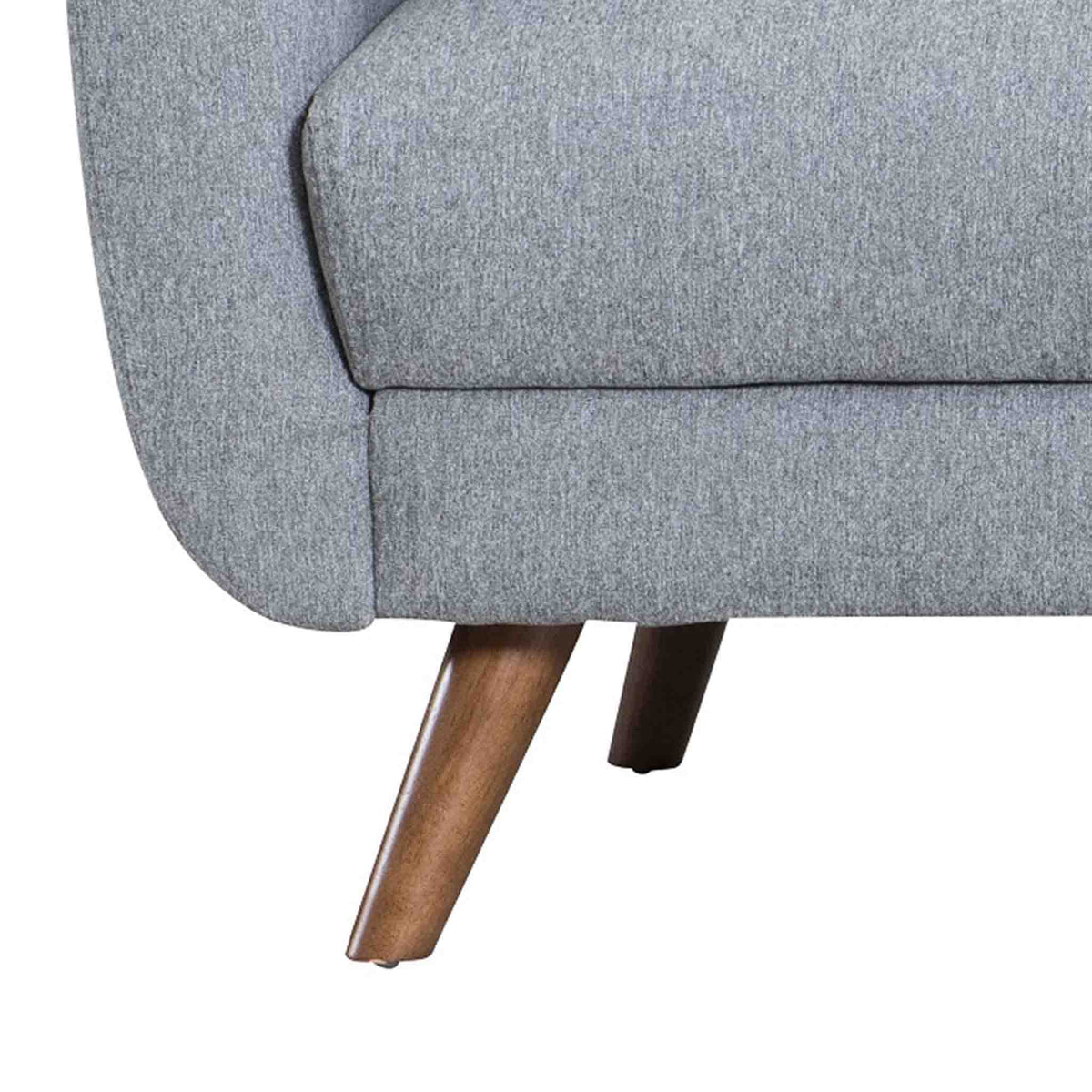 close up of the dark wooden splayed legs on the Trom Grey 2 Seater Sofa