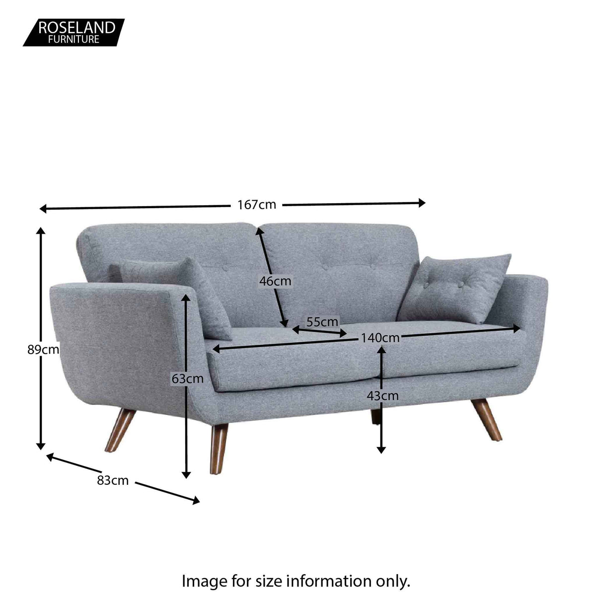 Trom Grey 2 Seater Sofa - Size Guide