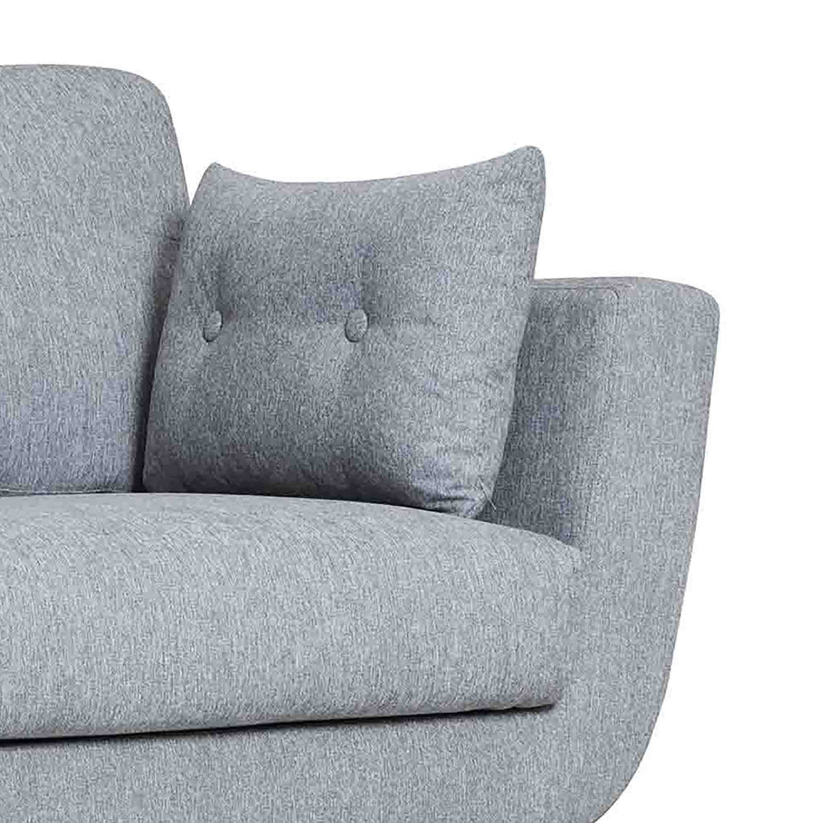 Trom Grey Scandinavian style fabric armchair - Close up of arm rest and scatter cushion