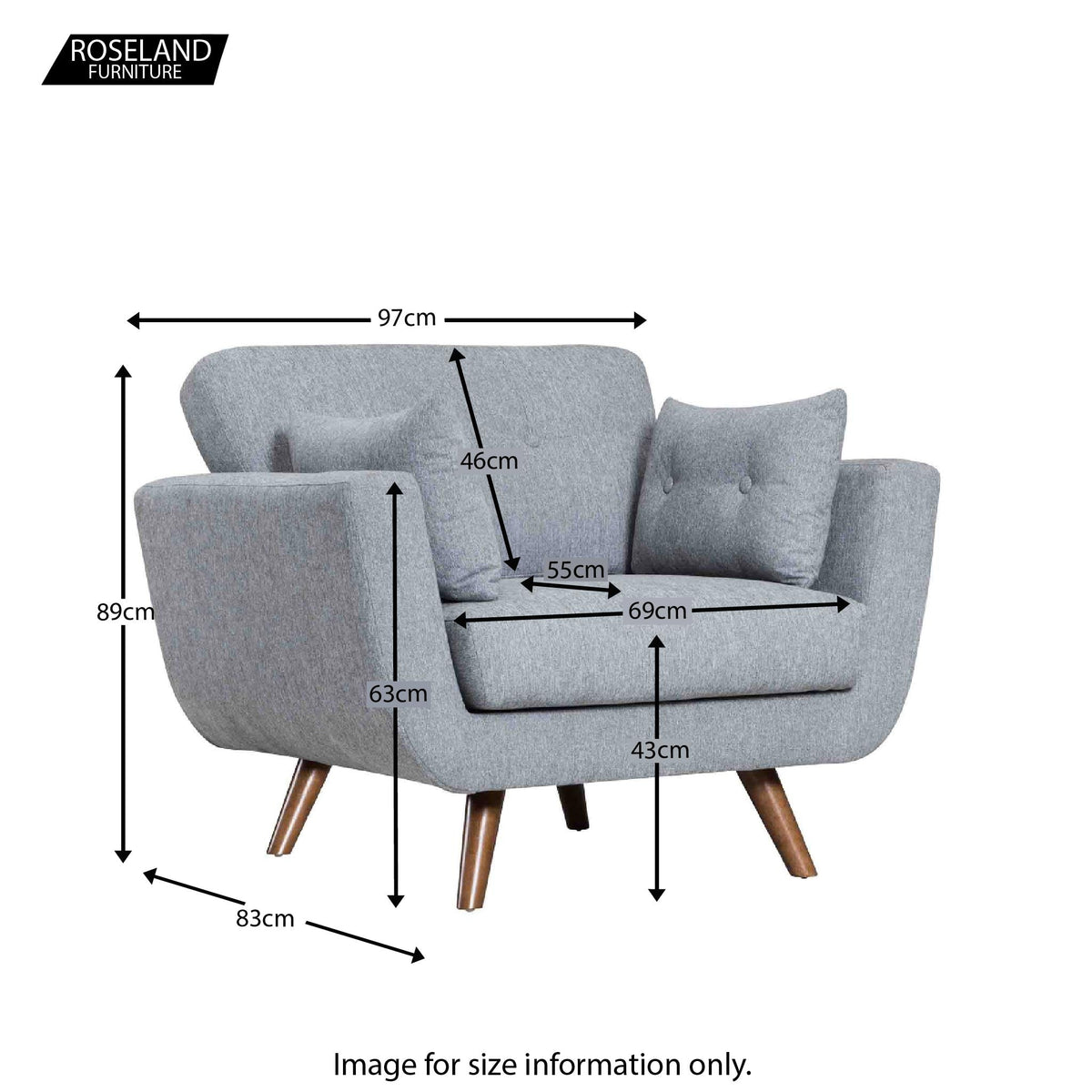 Trom Grey Scandinavian style fabric armchair - Size Guide