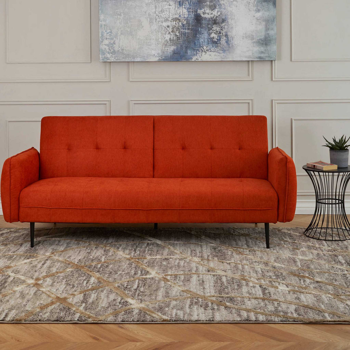 Askew orange linen click clack sofa bed for living room or bedroom