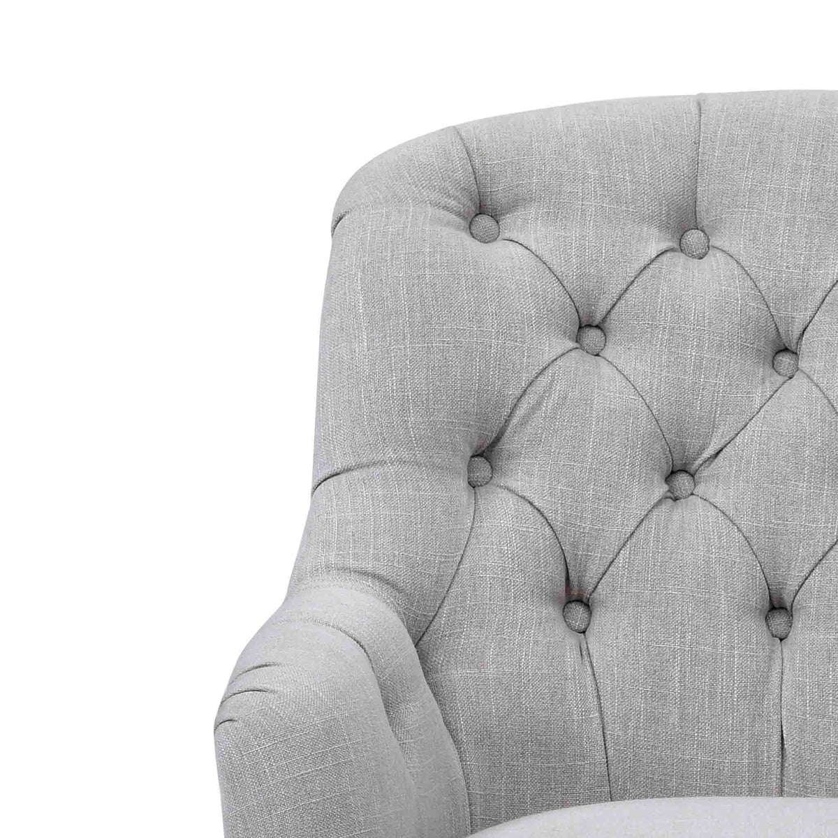 close up of the button tuft upholstered fabric on the Grey Linen Fabric Bianca Armchair