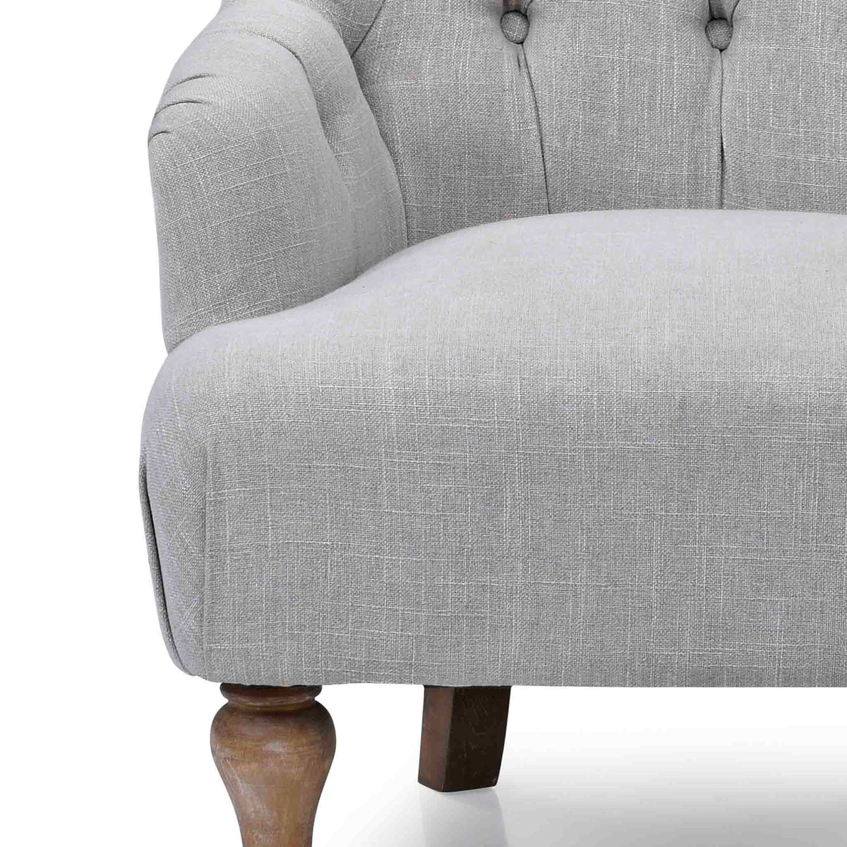 close up of the deep plush seat cushion on the Grey Linen Fabric Bianca Armchair