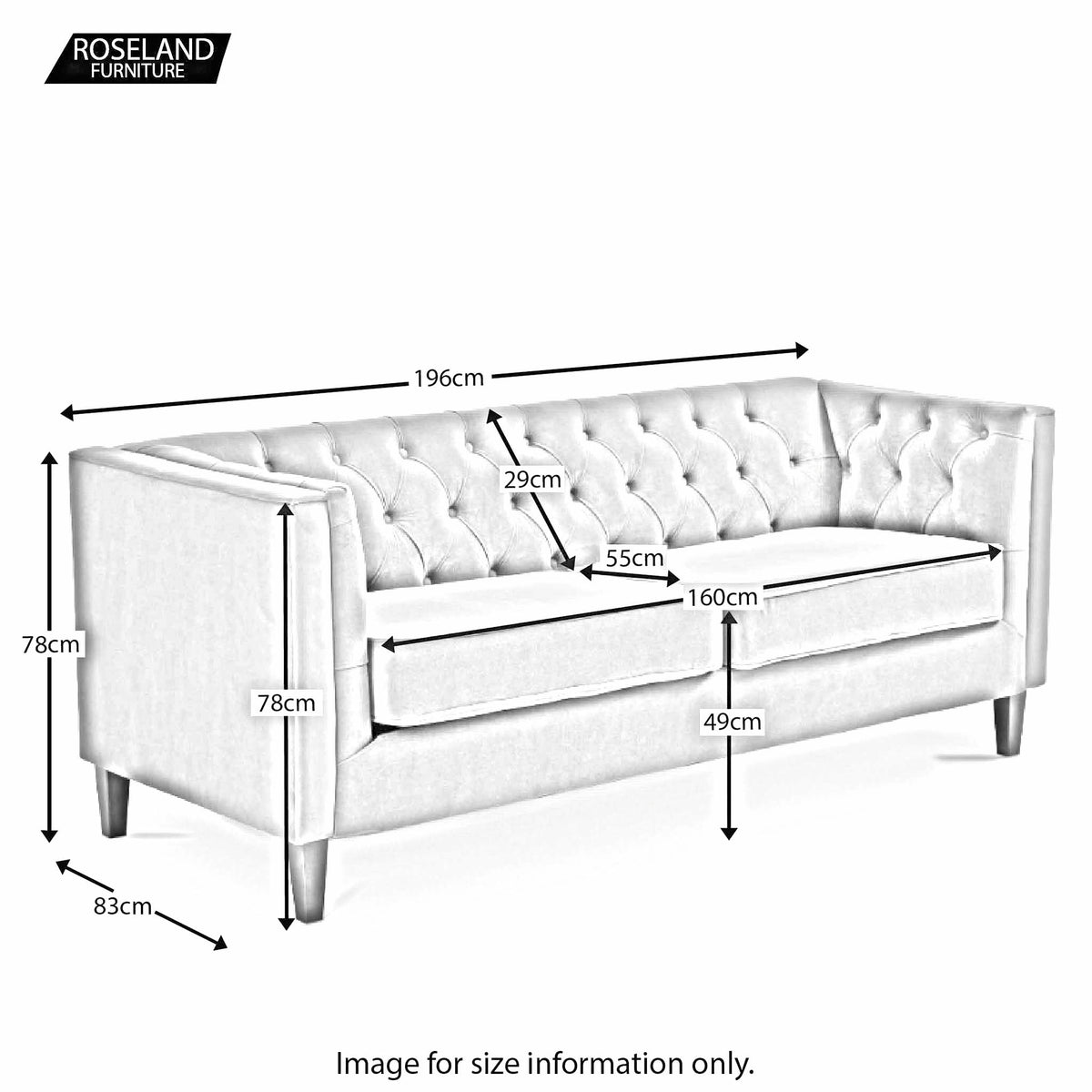 Eliza Heather 3 Seater Chesterfield Sofa - Size guide