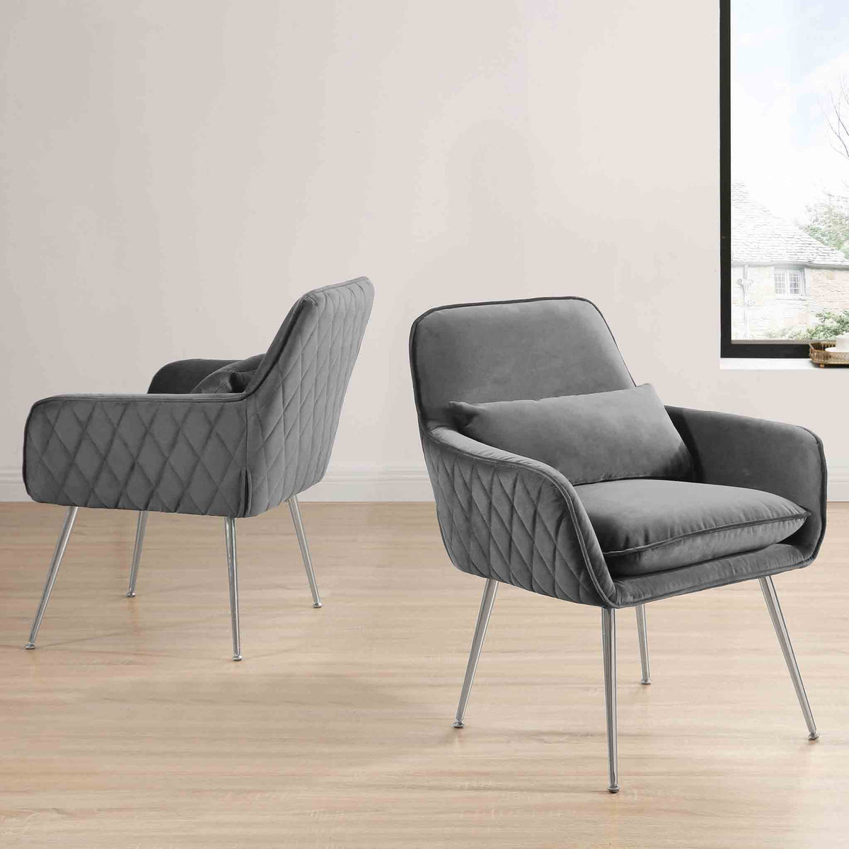 Diamond Grey Velvet Accent Chair with bolster cushion