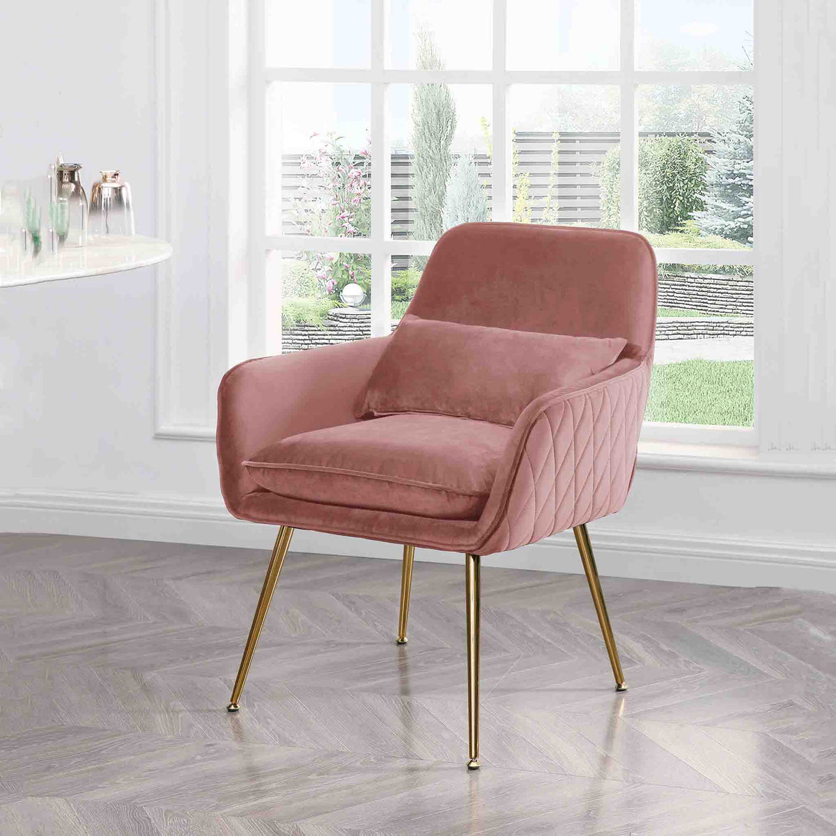 Diamond Blush Pink Velvet Accent Chair lifestyle image