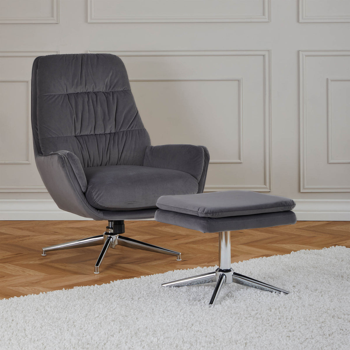 Otis grey velvet tv armchair and stool for living room