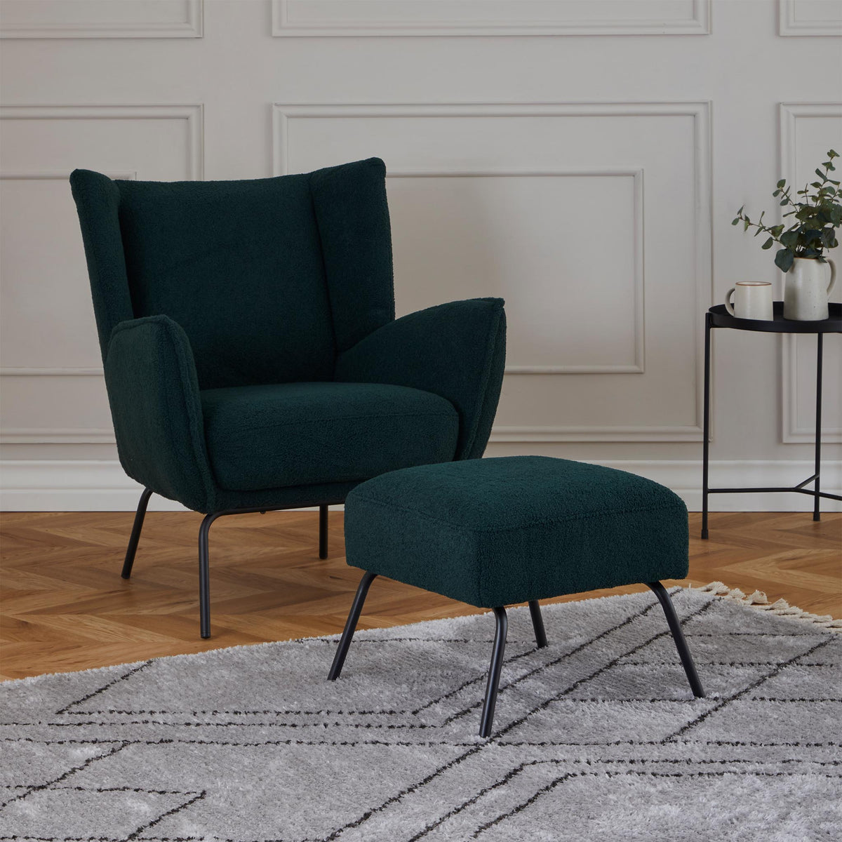 Knox Green teddy boucle armchair with stool for living room