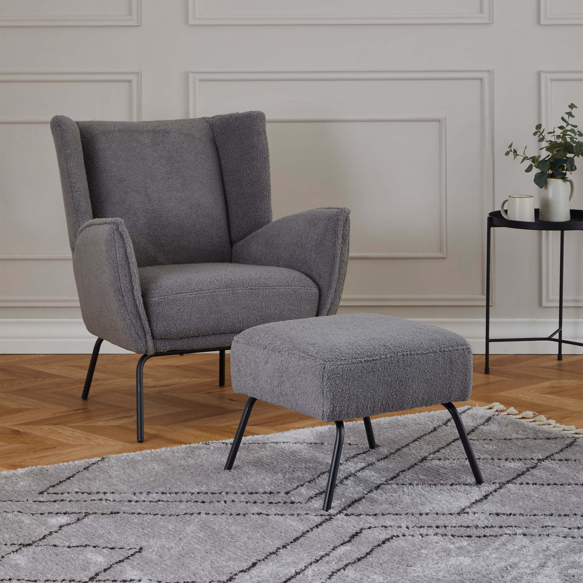 Knox Grey teddy boucle armchair with stool for living room