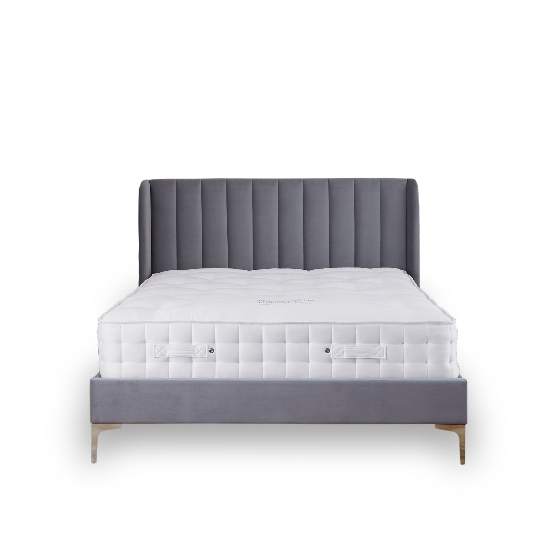 A grey upholstered bed with a tufted headboard is stationary against a white background. A plush white mattress sits atop the frame.
