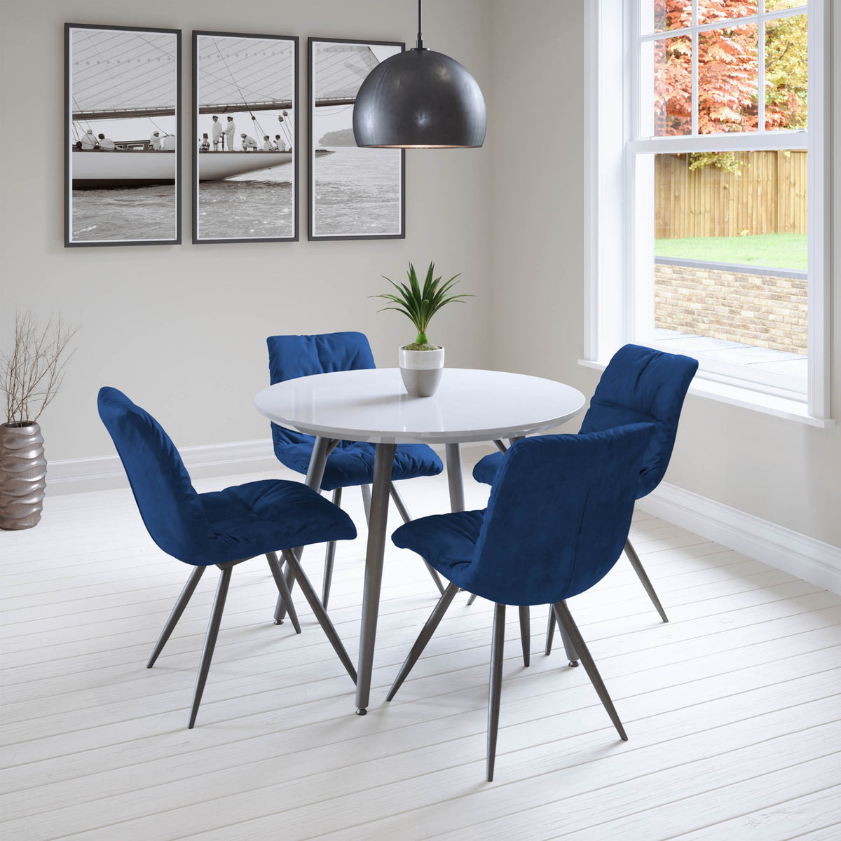 Paros Round Dining Table with 4 Addison Blue Chairs