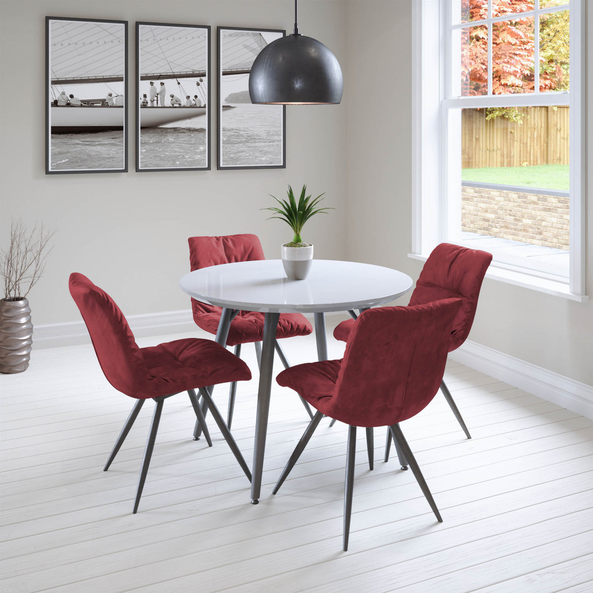 Paros Round Dining Table with 4 Addison Red Chairs