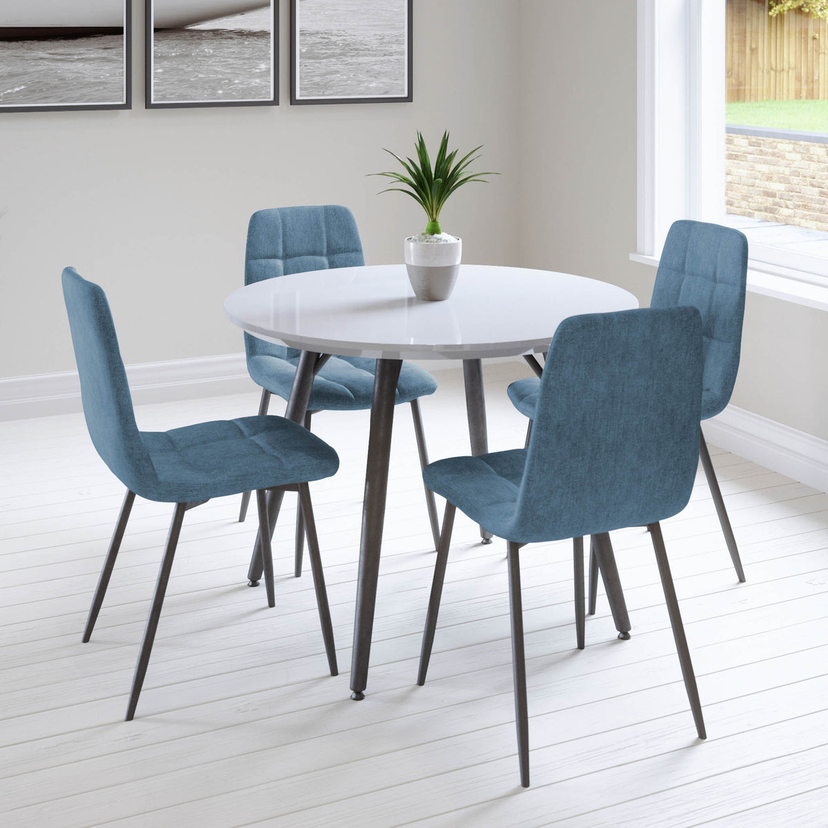 Paros Round Dining Table with 4 Olivia Blue Chairs