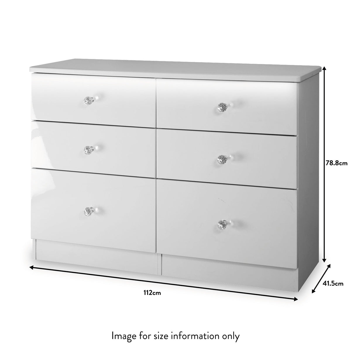 Aria white gloss LED lighting 6 drawer chest dimensions