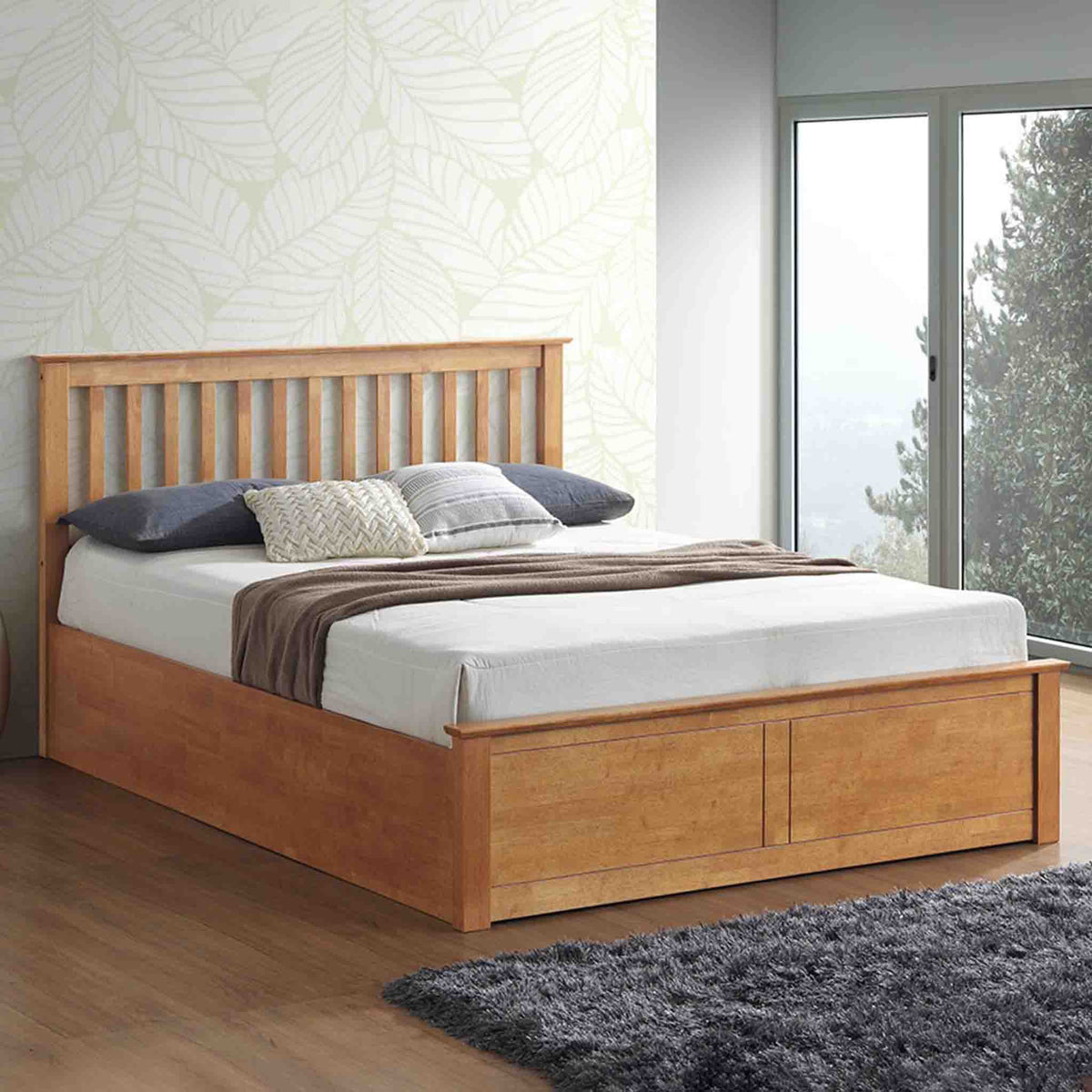 lifestyle image of the Trent Oak Wooden Ottoman Bed