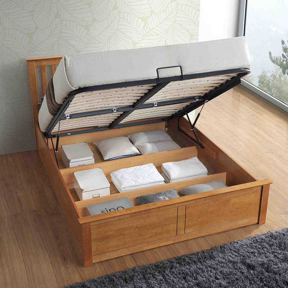 lifestyle under bed storage image of the Trent Oak Wooden Ottoman Bed
