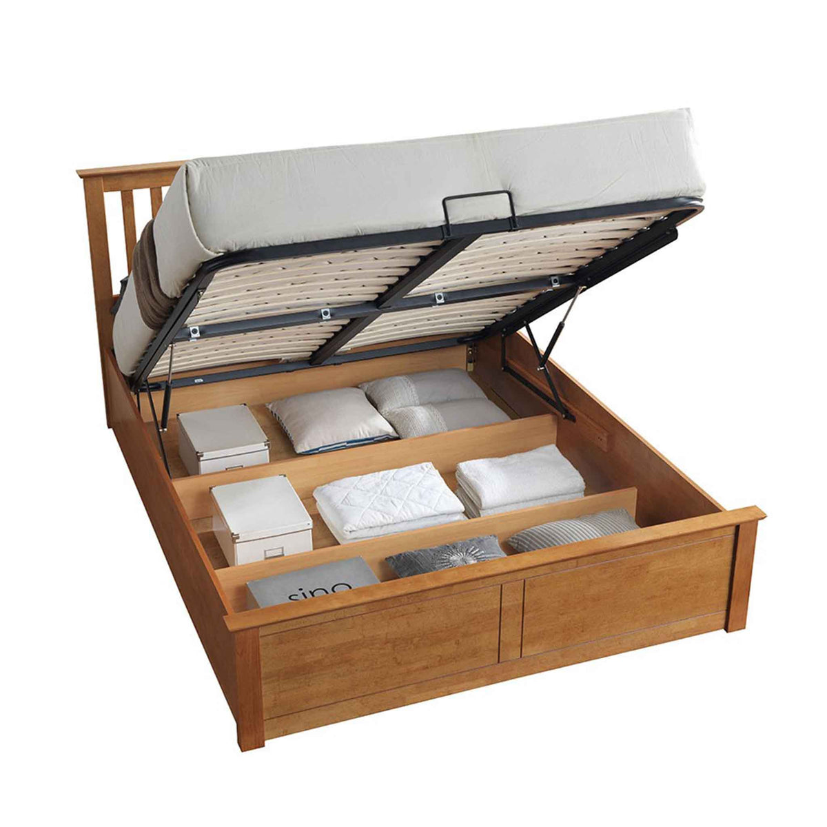 close up of the under bed storage compartments on the Trent Oak Wooden Ottoman Bed
