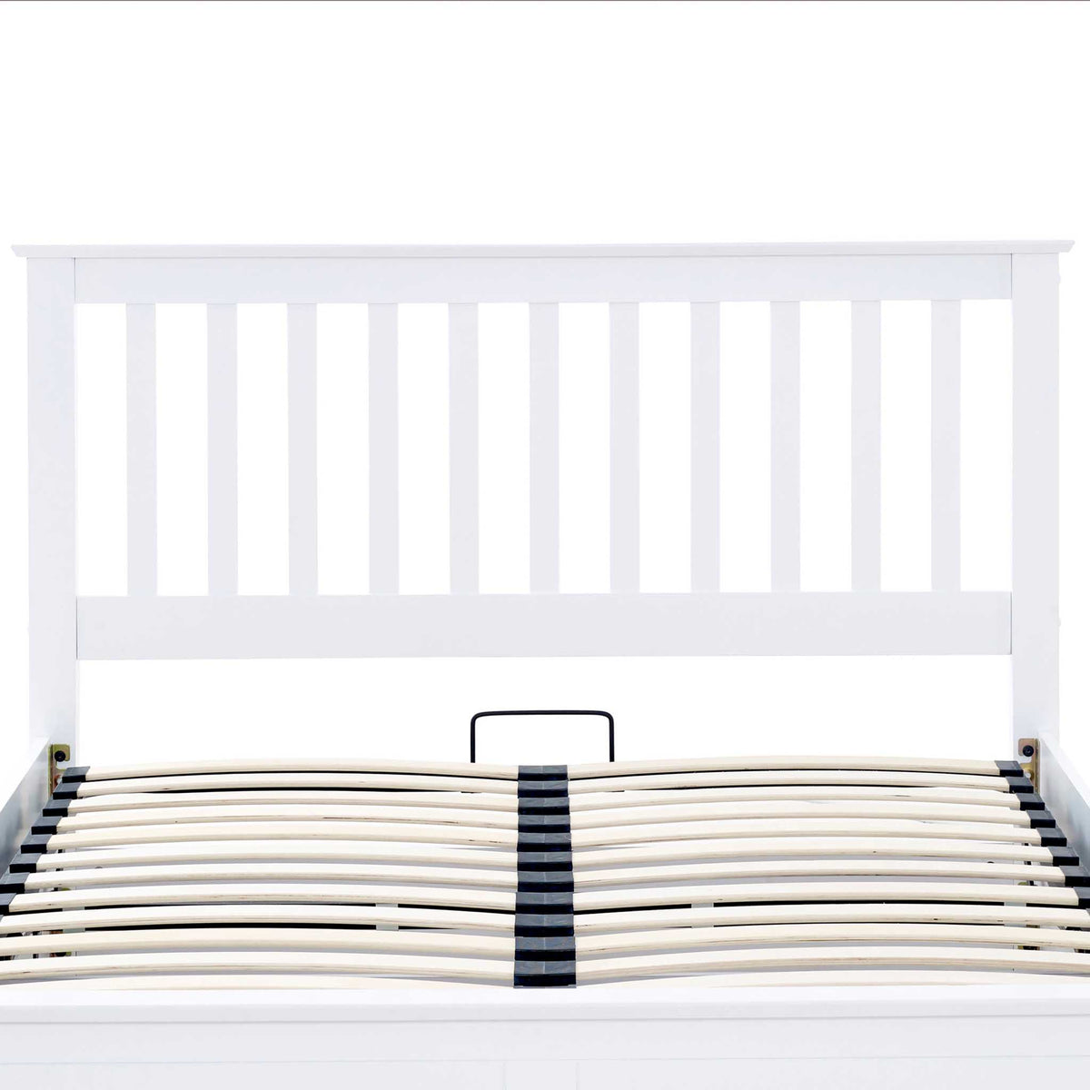 front view of the slatted headboard on the  Trent White Wooden Ottoman Bed 