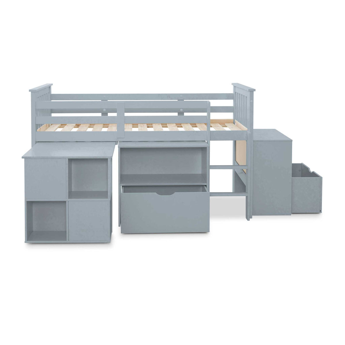 side view of the Huckerby Grey Childrens Sleep Station Storage Bed with pull out storage boxes