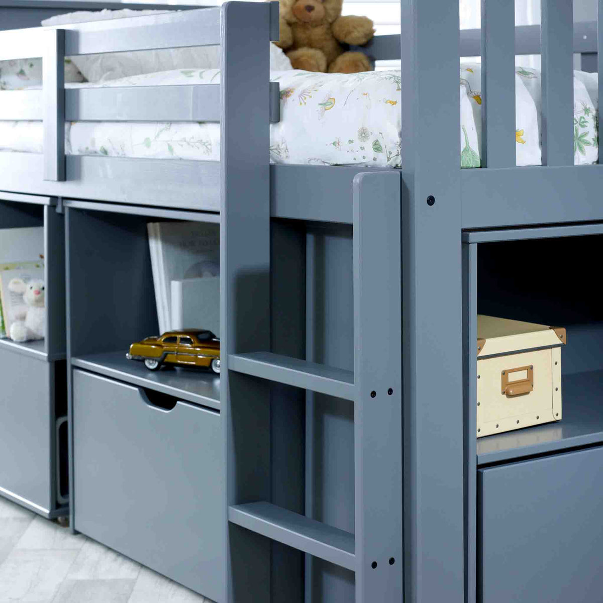 close up of the ladder on the Huckerby Grey Childrens Sleep Station Storage Bed