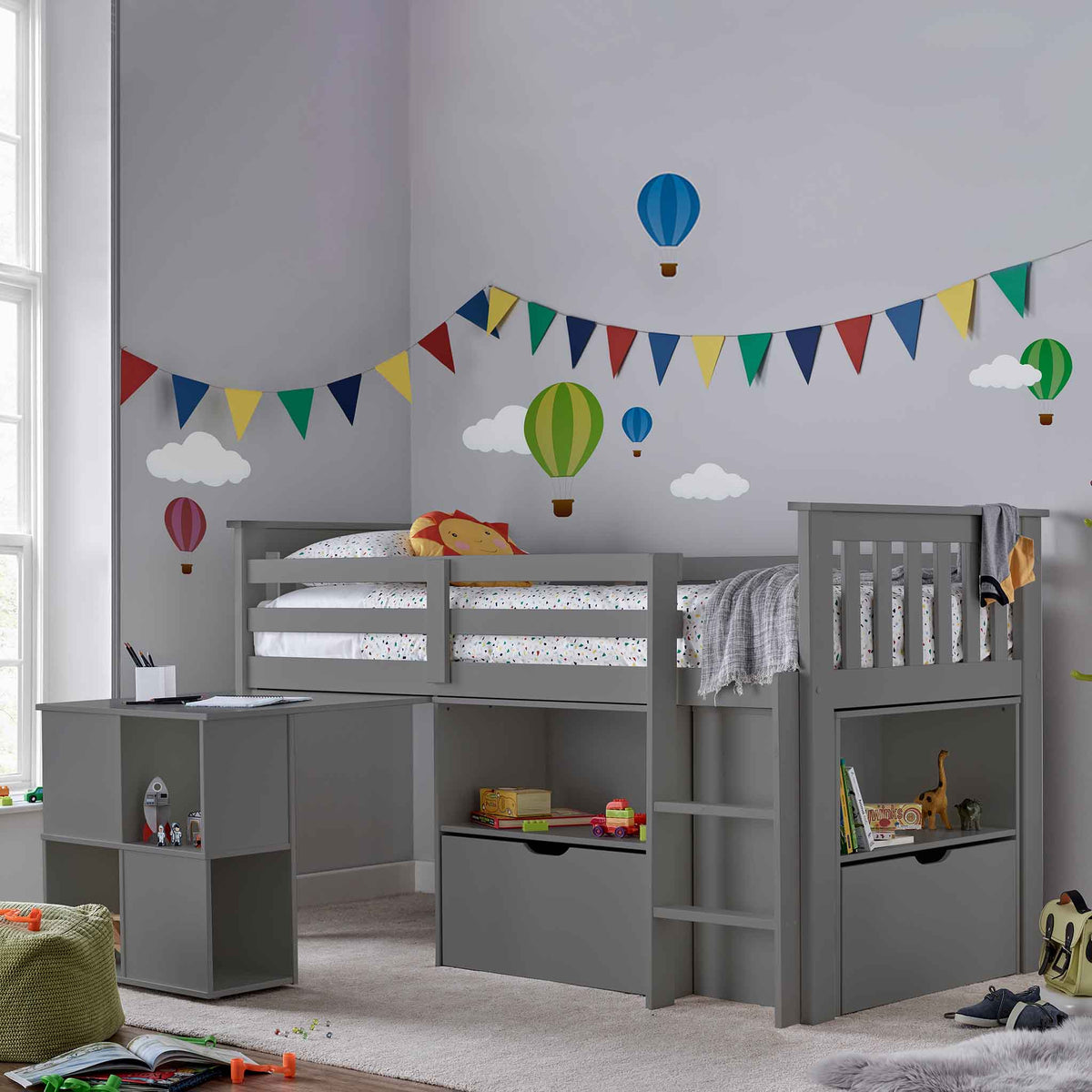 lifestyle image of the Huckerby Grey Childrens Sleep Station Storage Bed