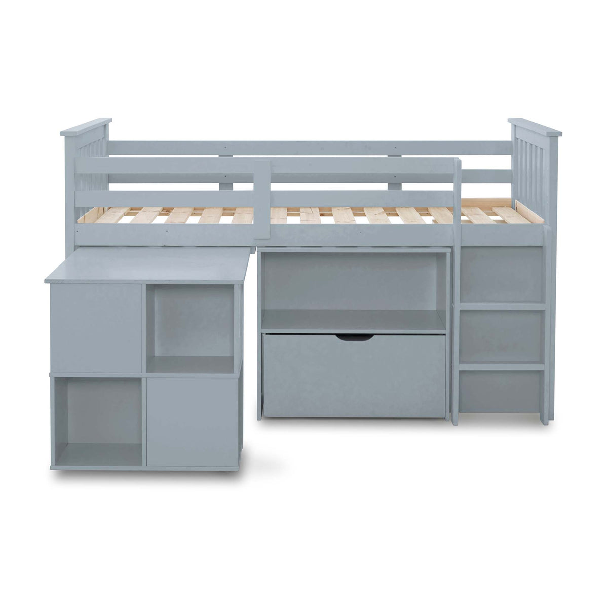 side view of the Huckerby Grey Childrens Sleep Station Storage Bed with pull out desk