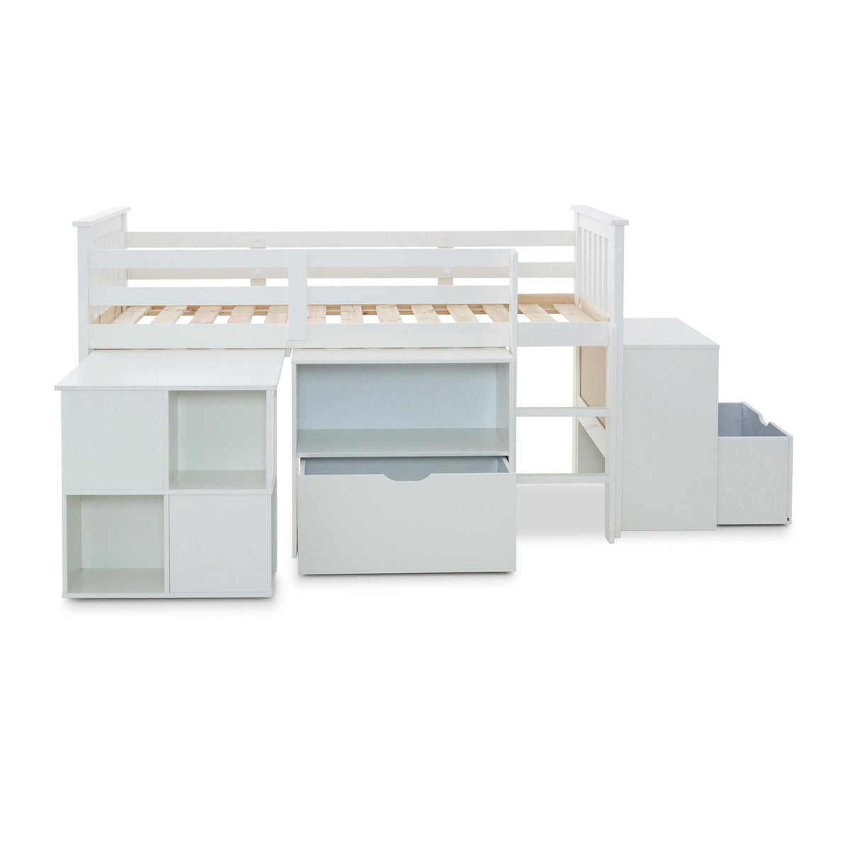 side view of the Huckerby White Childrens Sleep Station Storage Bed with storage cupboards