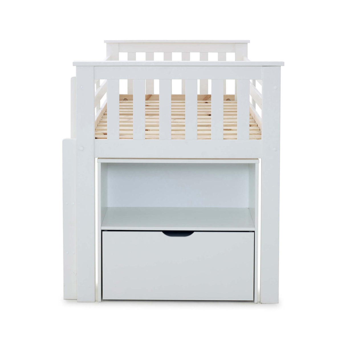 end view of the Huckerby White Childrens Sleep Station Storage Bed