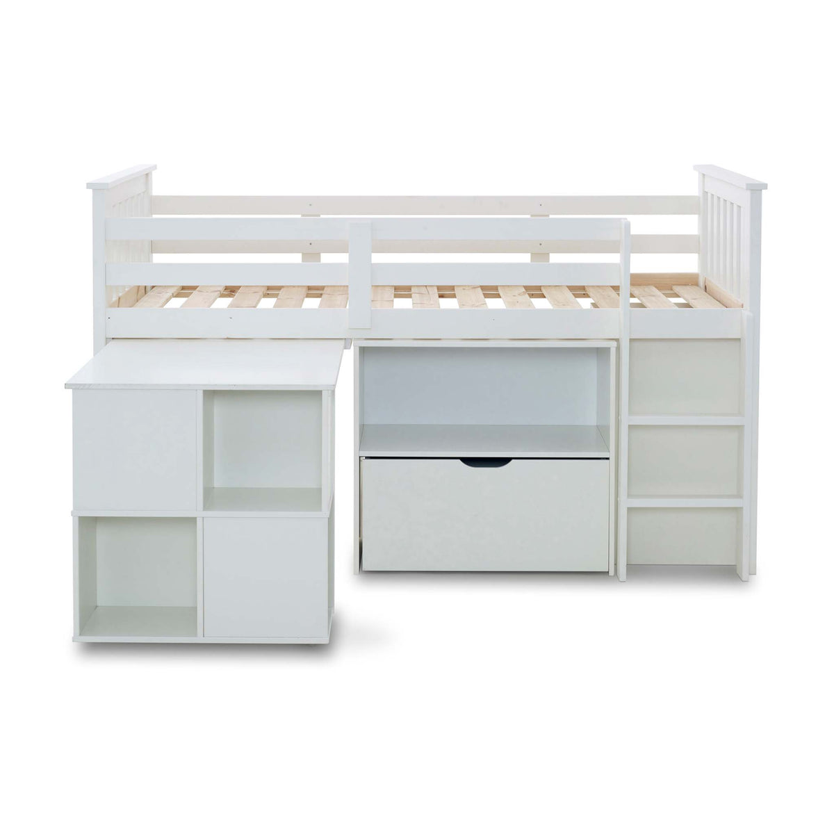 side view of the Huckerby White Childrens Sleep Station Storage Bed with storage desk