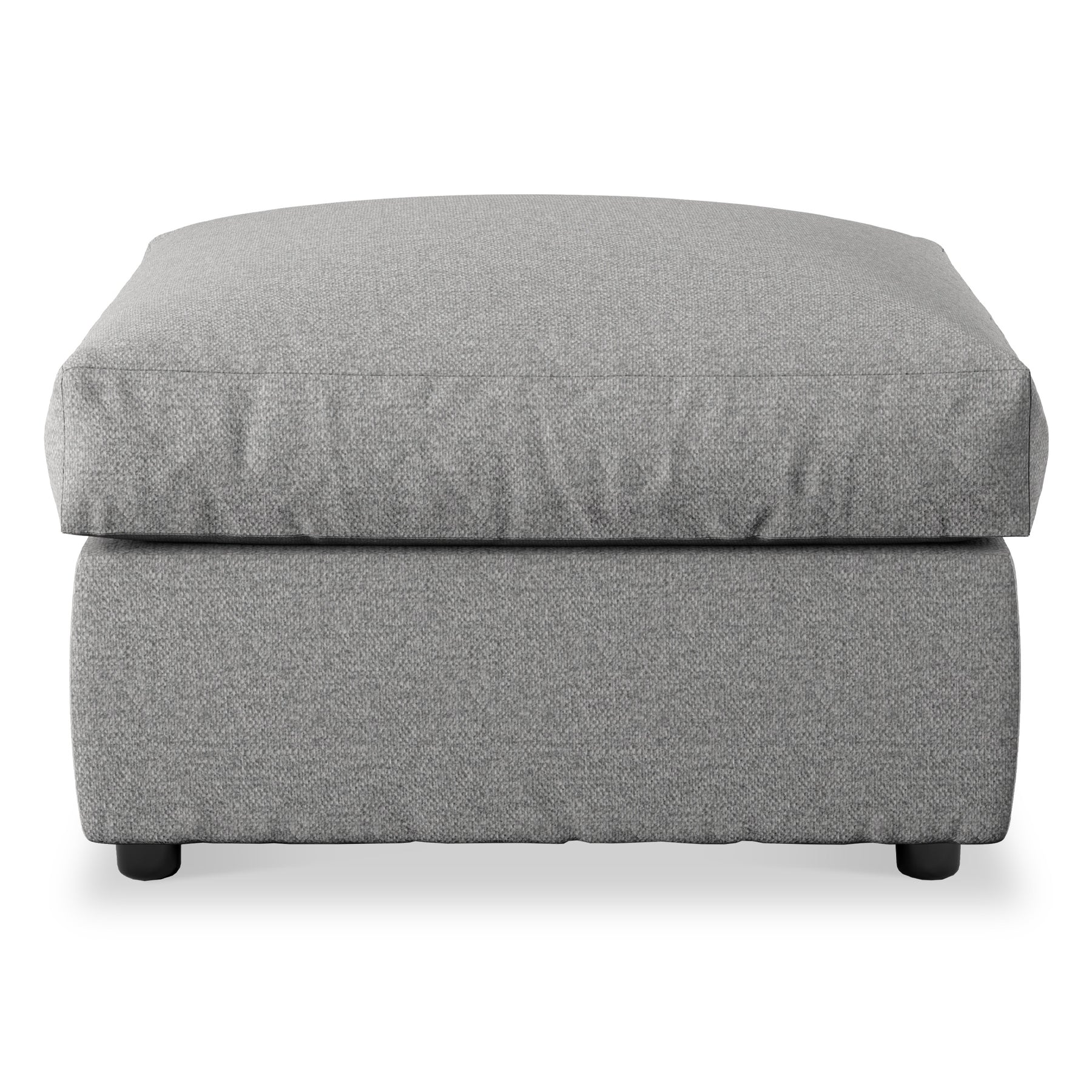 A grey fabric ottoman with a cushioned top and short black legs, isolated on a white background.