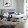 opened drawers view of the Stafford Grey Velvet King Size Storage Bed