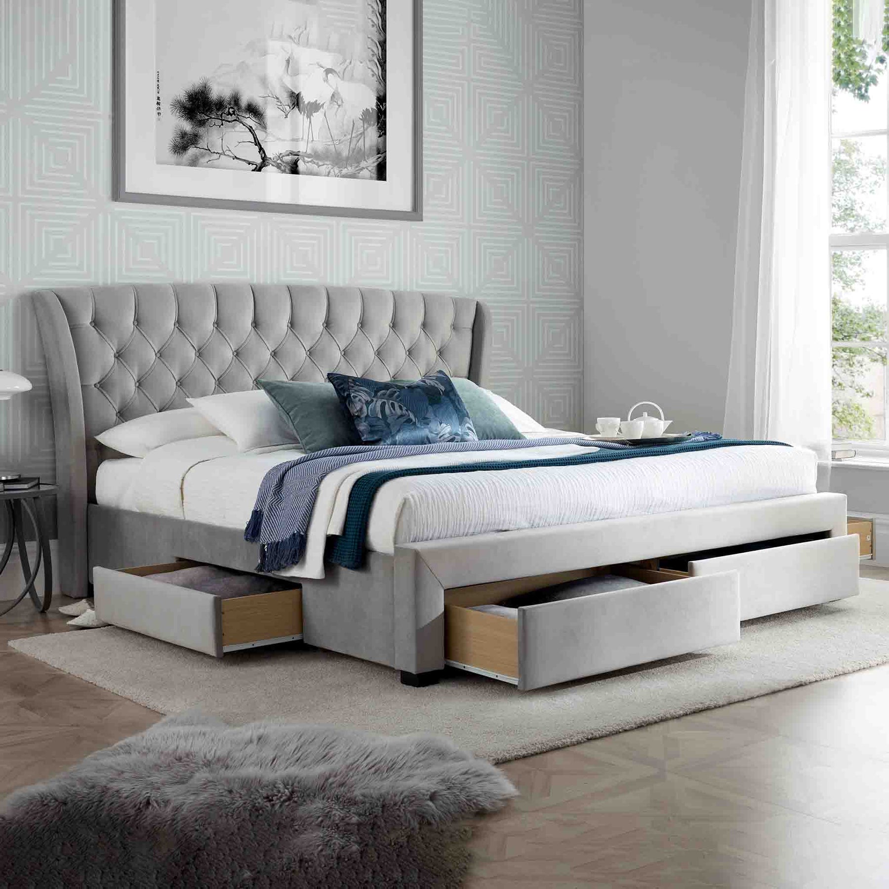 opened drawers view of the Stafford Grey Velvet King Size Storage Bed