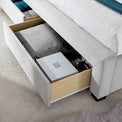 close up of the under bed storage draw on the Stafford Grey Velvet King Size Storage Bed