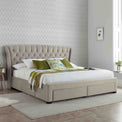 lifestyle image of the Stafford Stone Velvet King Size Storage Bed