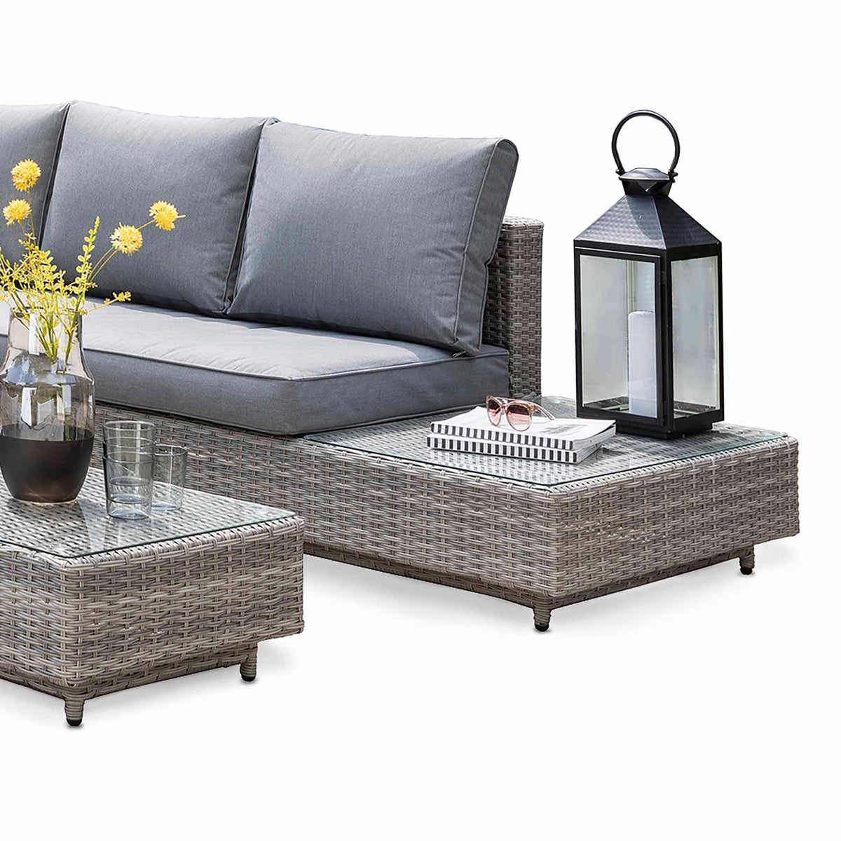 Tenby Rattan Corner Lounge Sofa Set - Close up of side table and end cushions