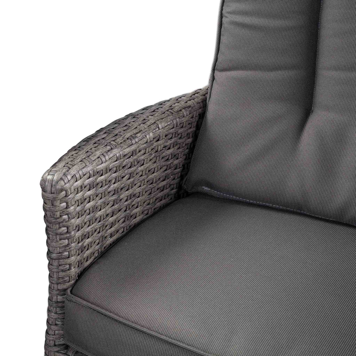 close up of the 5mm rattan arm rests on the Palma Grey Rattan Armchair