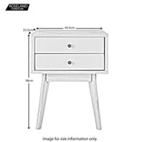 A wooden two-drawer nightstand with dimensions: height 58cm, width 43.5cm, depth 33.5cm. Below, the text "Image for size information only." is present alongside the "ROSELAND FURNITURE" logo.
