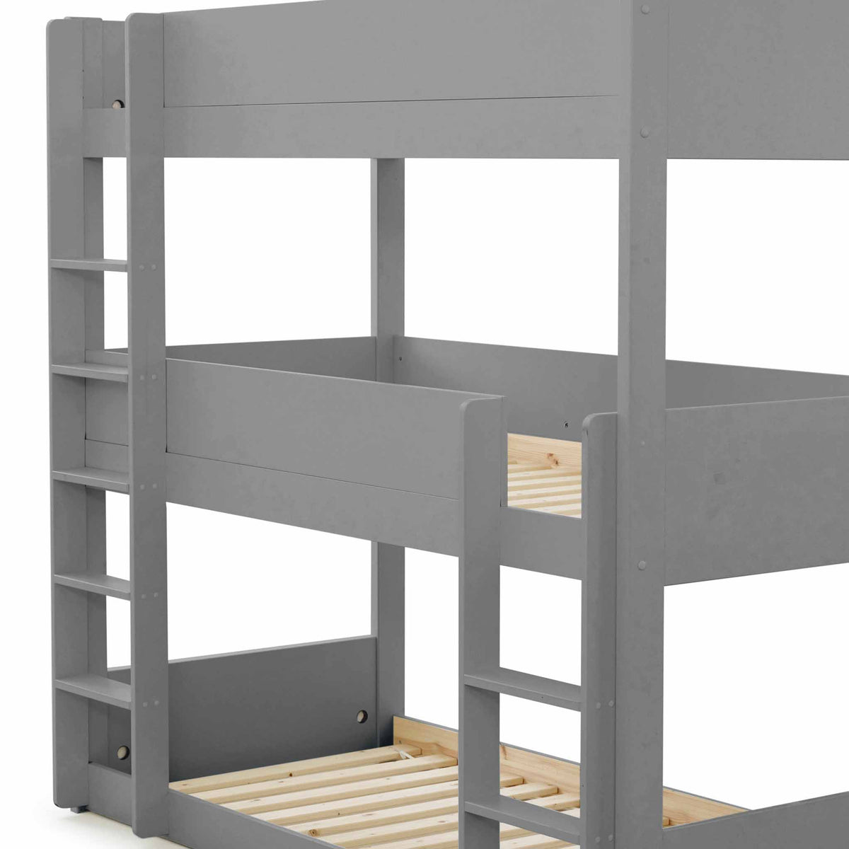 close up of the Trio Grey 3 Sleeper Wooden Bunk Bed
