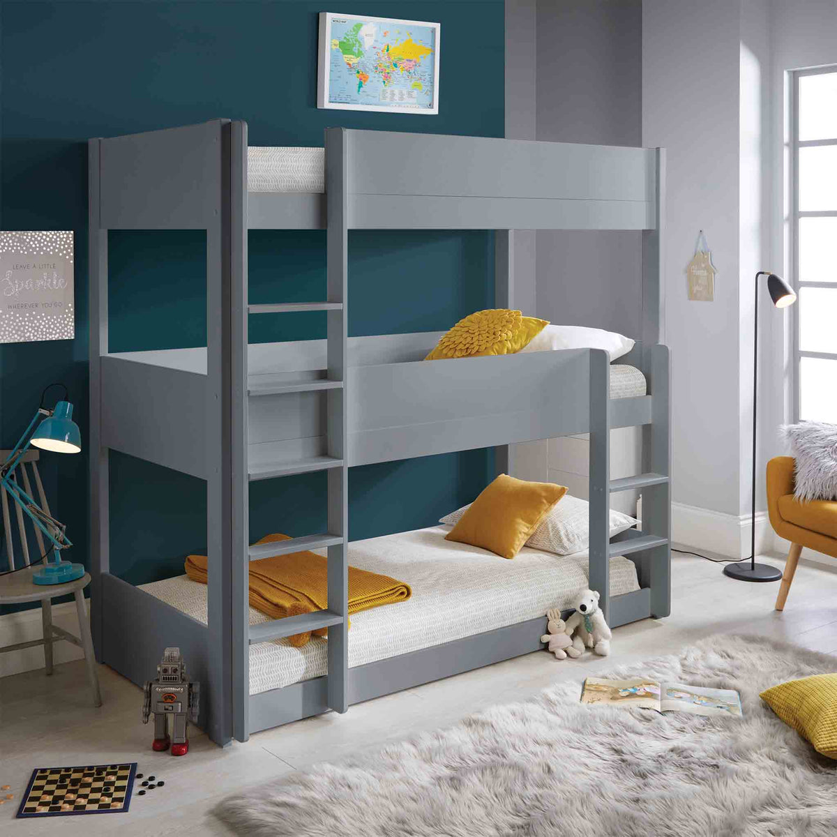 lifestyle image of the Trio Grey 3 Sleeper Wooden Bunk Bed