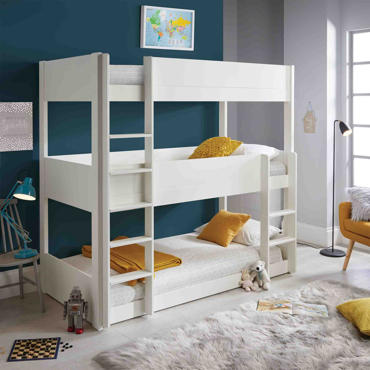 lifestyle image of the Trio White 3 Sleeper Wooden Bunk Bed