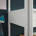 close up of the white painted frame on the Trio White 3 Sleeper Wooden Bunk Bed