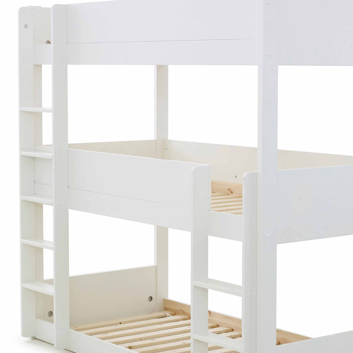 close up of the middle bunk on the Trio White 3 Sleeper Wooden Bunk Bed